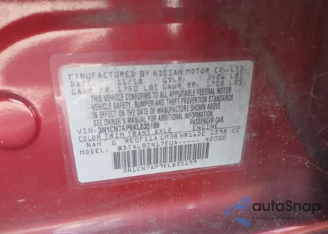 2019 Nissan Versa 1.6 Sv from USA, damaged, VIN 3N1CN7AP9KL835199